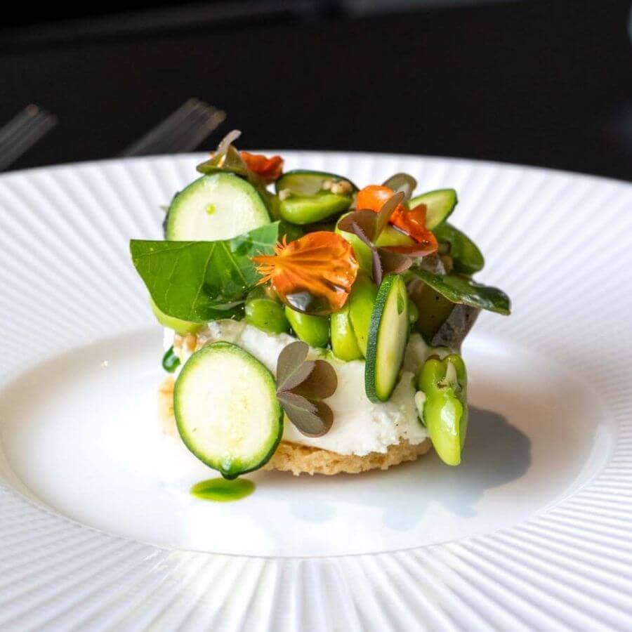 Blas Restaurant Dinner. Goat Cheese, Courgette and Micro Herbs