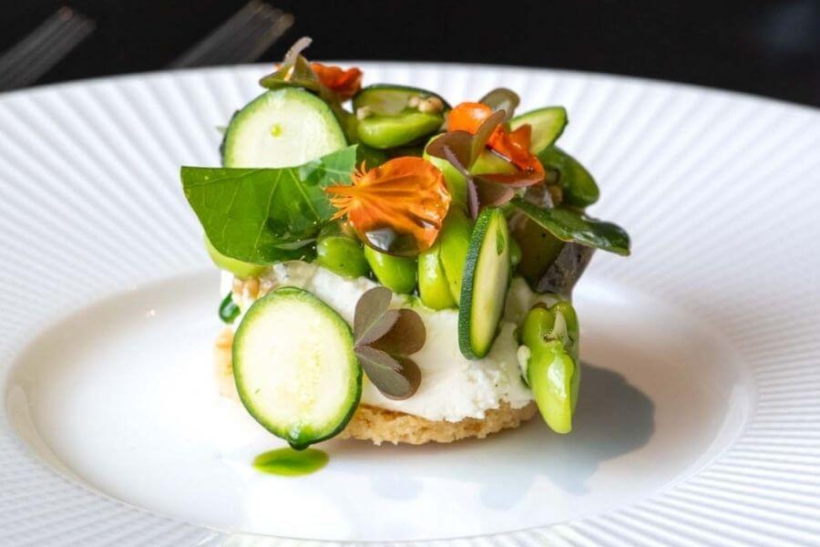 Blas Restaurant Dinner. Goat Cheese with Courgette and Green Up Farm Micro Herbs