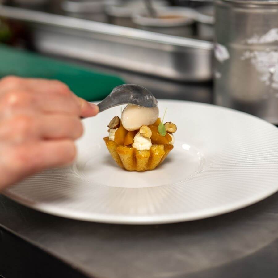 Blas Restaurant Kitchen. Ice Cream Rocher added to Dessert