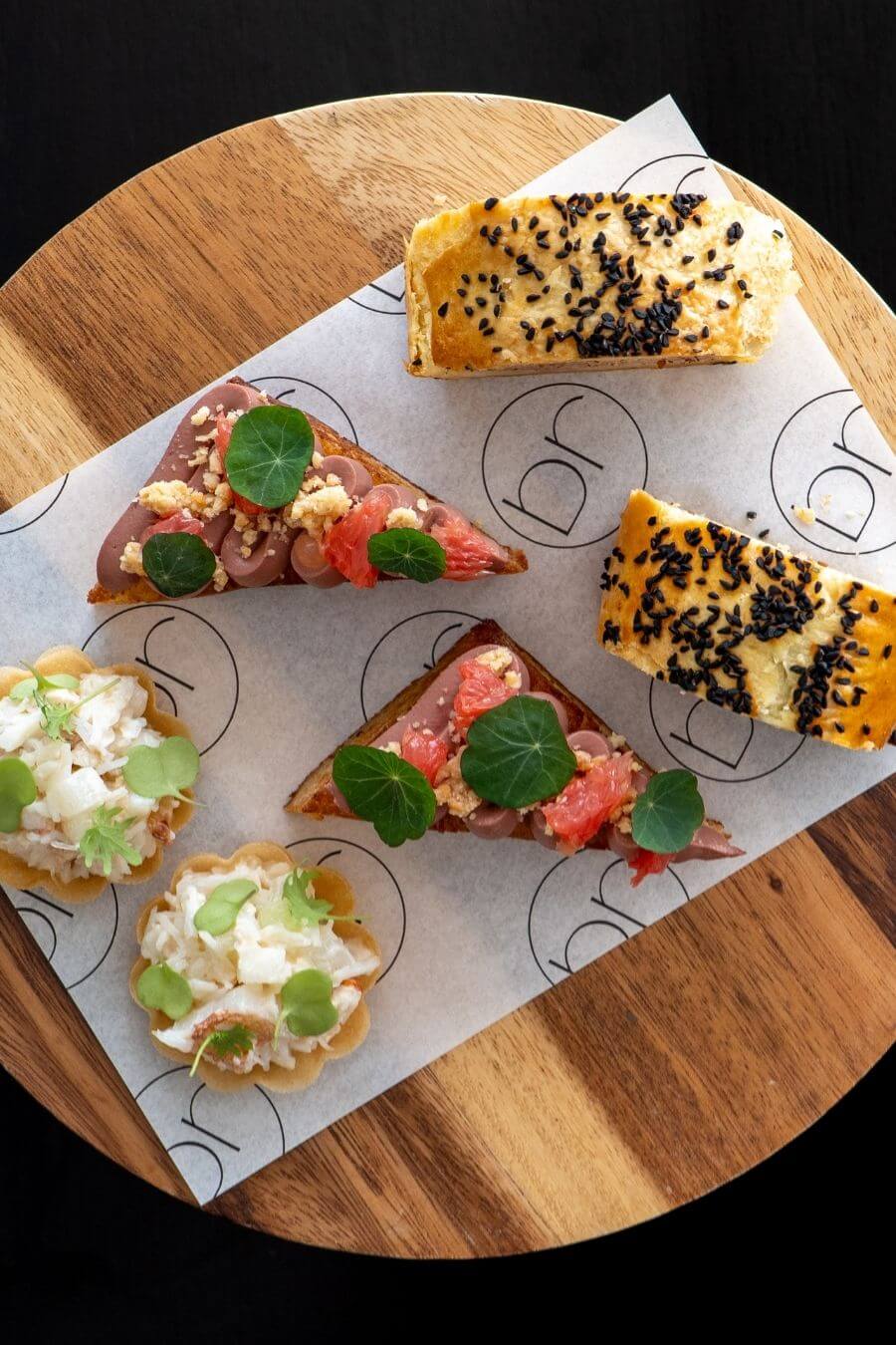 Blas Restaurant St Davids High Tea. Crab Tart, Chicken Parfait and Sausage Roll